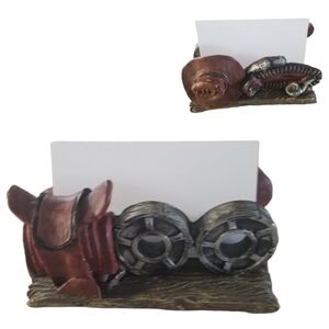 Western Theme Business Card Holder Display Stand Saddle Cowboy Hat Wagon Wheel‎